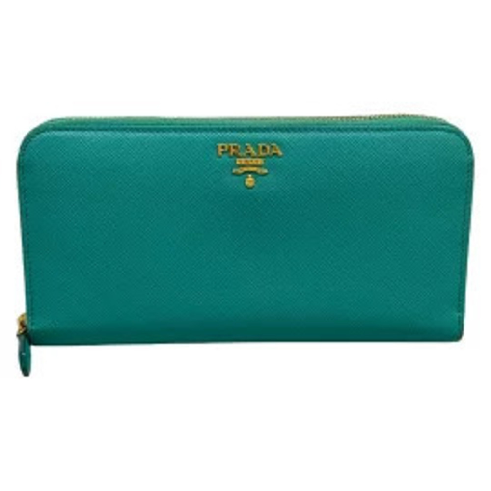 Prada Long Wallet Round Zipper Blue Green Leather